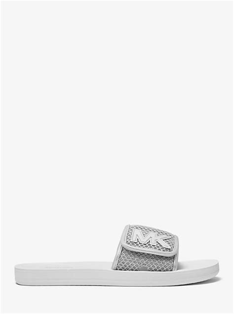 michael kors logo metallic slide|MK Logo Metallic Mesh Slide Sandal .